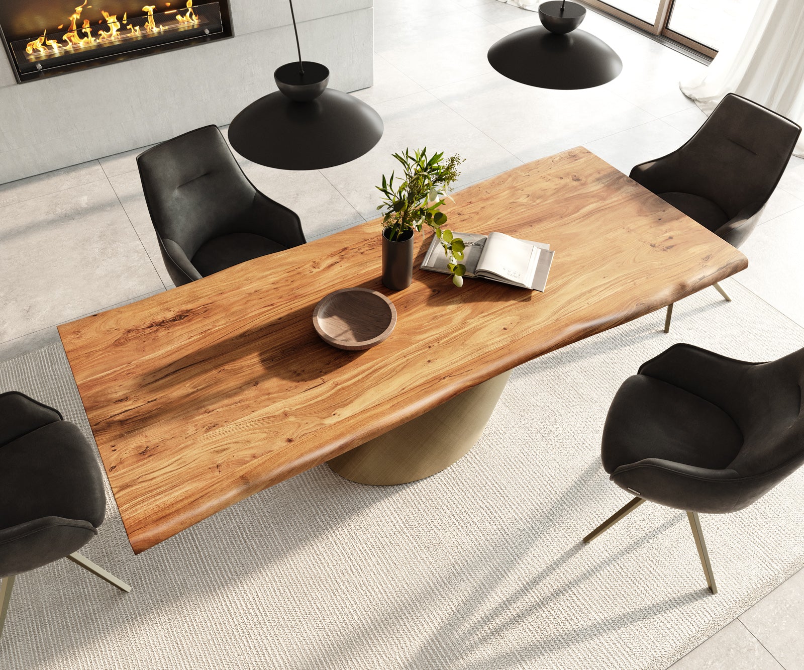 Dining Table Olympus Live Edge 240x100cm Acacia Wood Natural Cone Frame Gold 35mm Top
