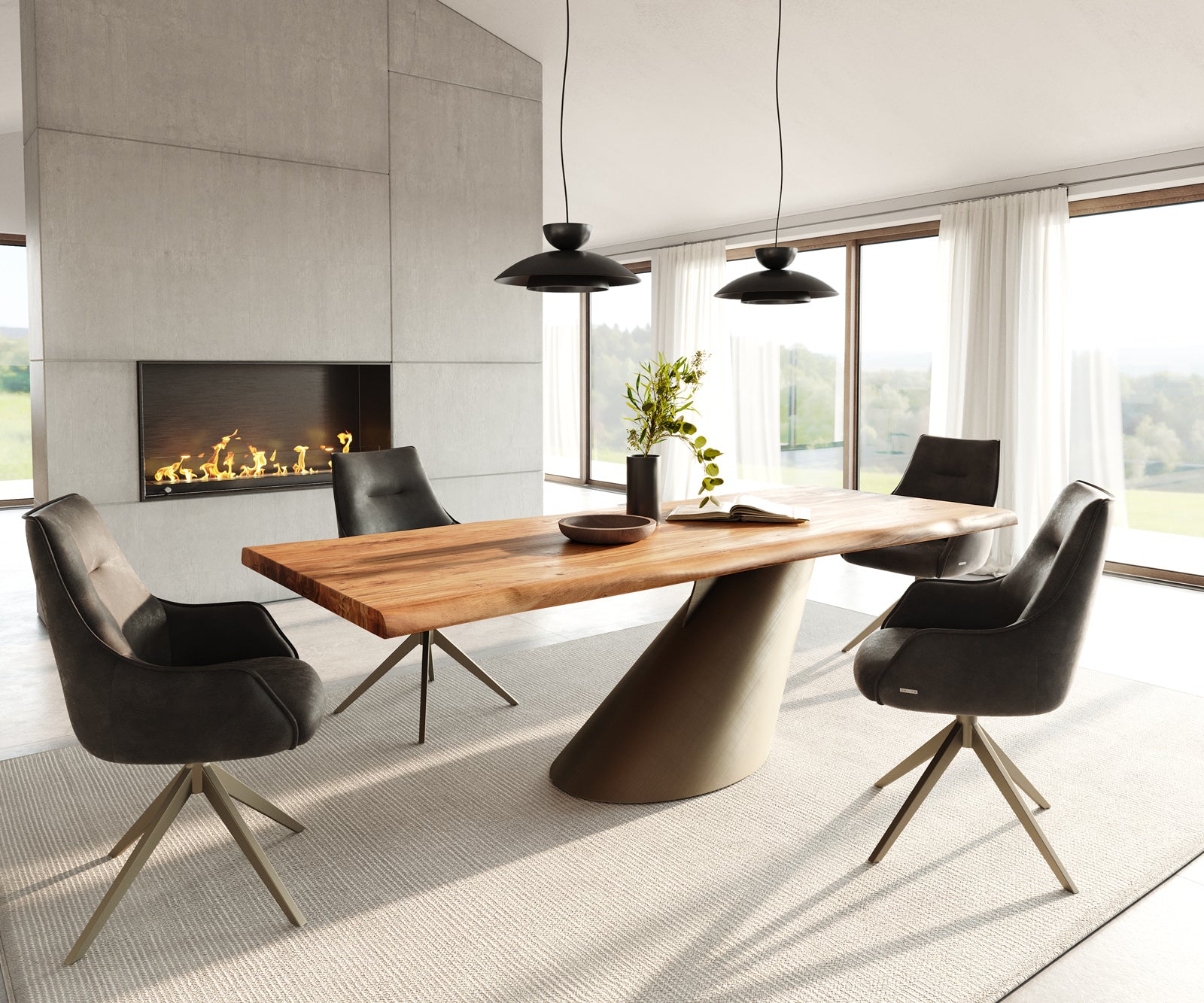 Dining Table Olympus Live Edge 240x100cm Acacia Wood Natural Cone Frame Gold 35mm Top