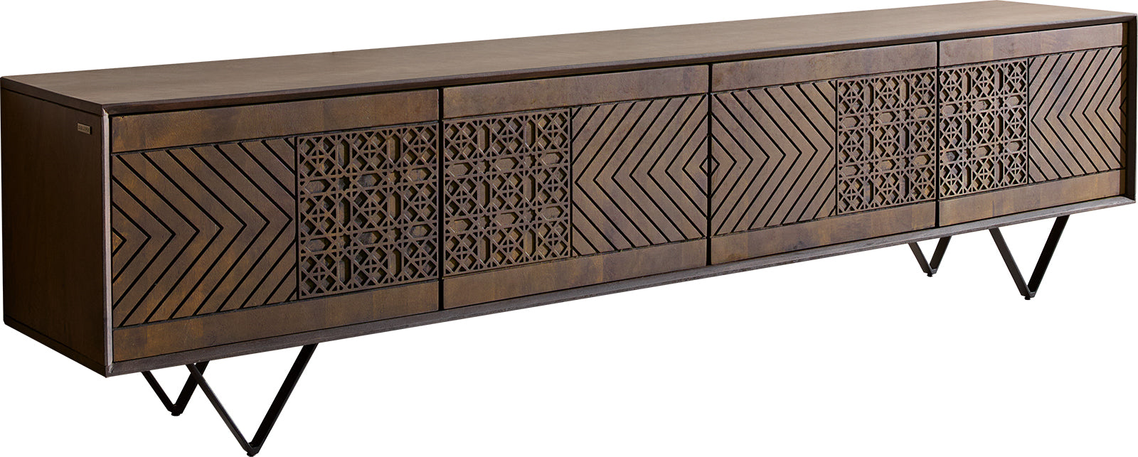 TV Stand Manjula 200cm Mango Wood Brown V-Foot Metal Black