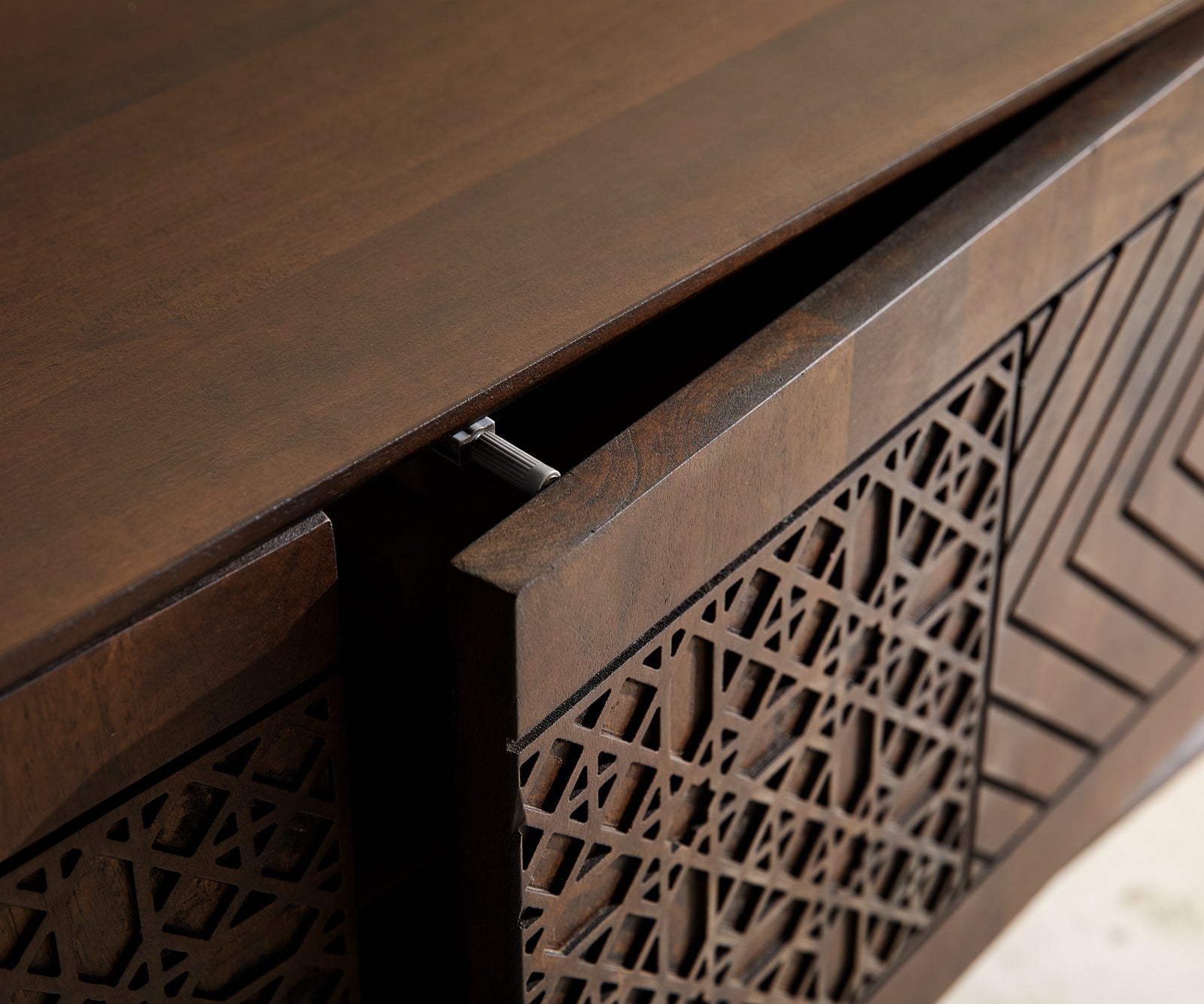 TV Stand Manjula 200cm Mango Wood Brown V-Foot Metal Black