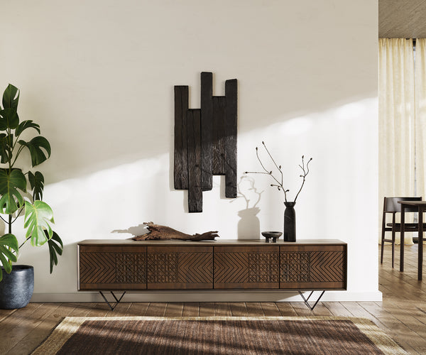 TV Stand Manjula 200cm Mango Wood Brown V-Foot Metal Black