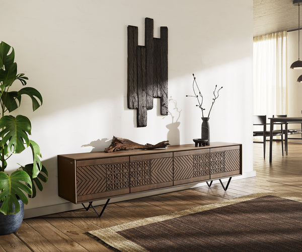 TV Stand Manjula 200cm Mango Wood Brown V-Foot Metal Black