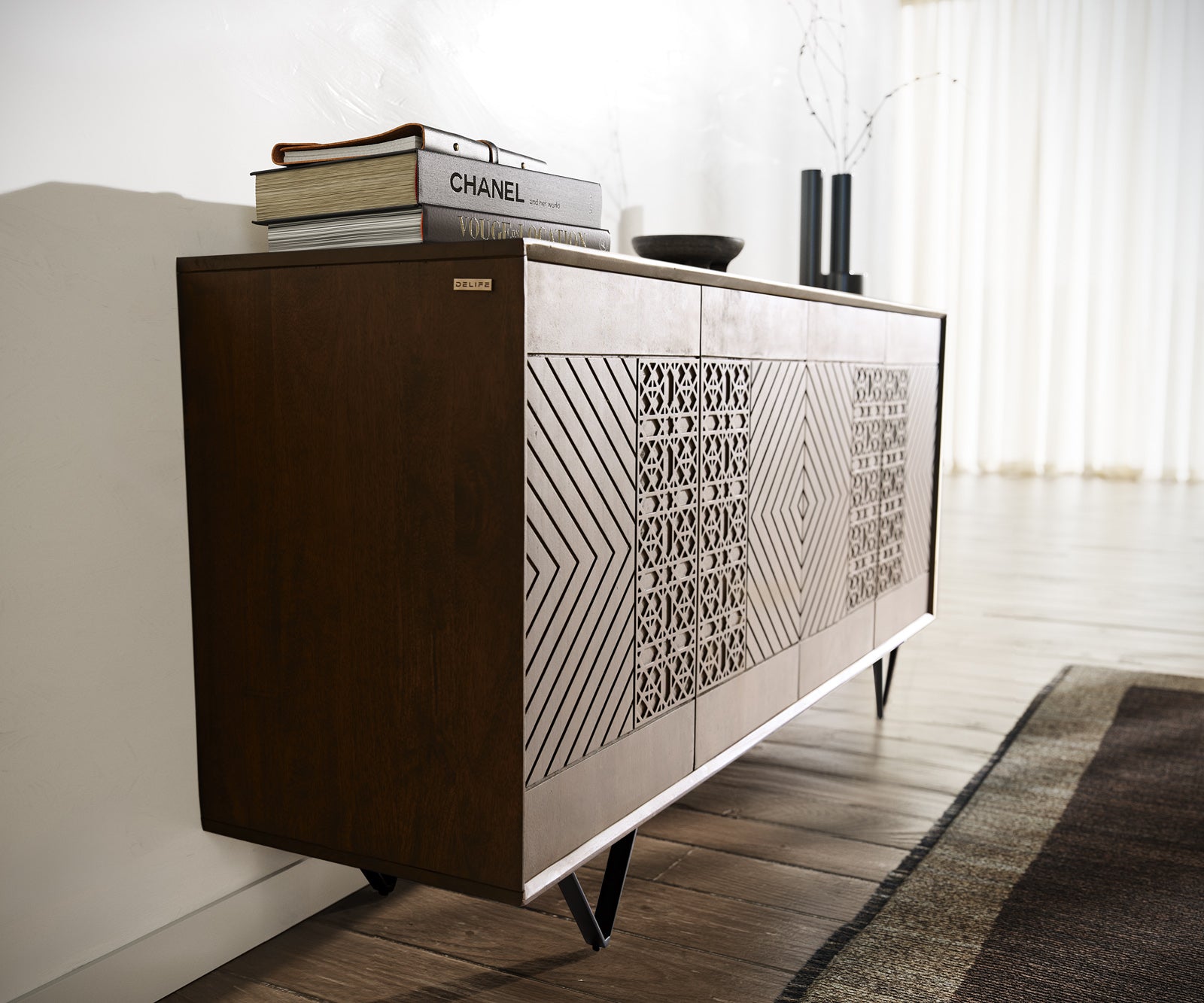 Sideboard Manjula 145cm Mango Wood Brown V-Foot Metal Black