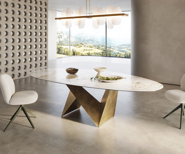 Dining Table Aurora Oval Ceramic 280cm Minas Melange Beige Origami Frame Gold
