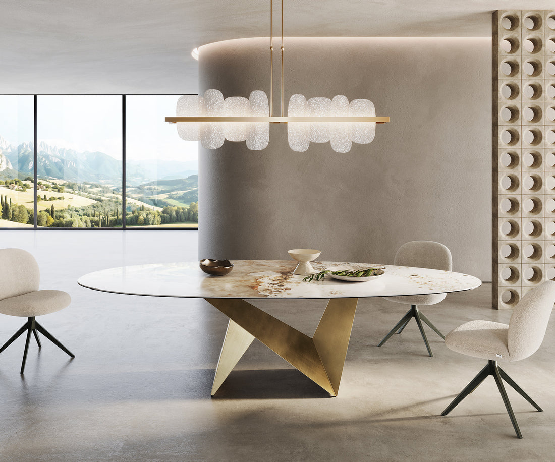 Dining Table Aurora Oval Ceramic 280cm Minas Melange Beige Origami Frame Gold