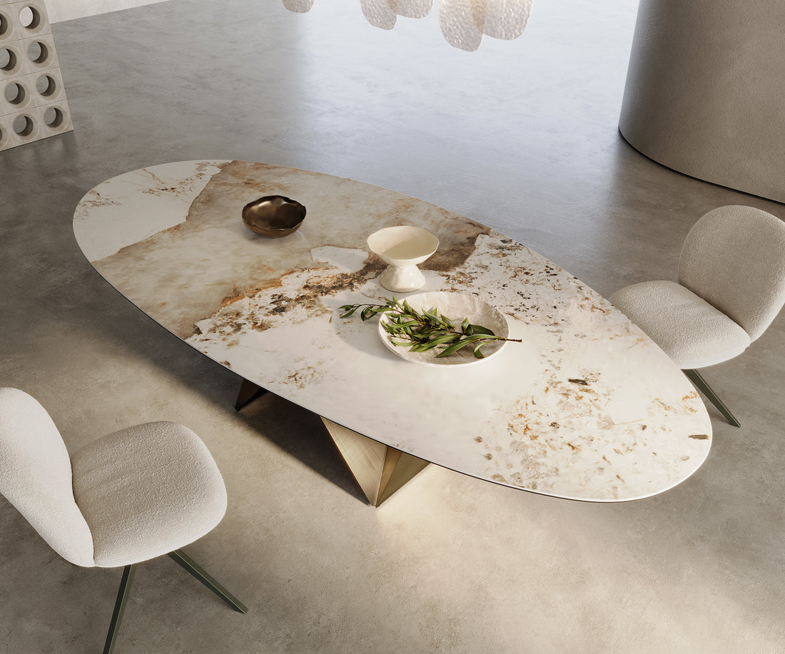 Dining Table Aurora Oval Ceramic 280cm Minas Melange Beige Origami Frame Gold