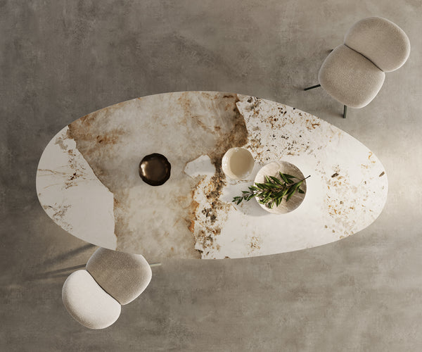 Dining Table Aurora Oval Ceramic 280cm Minas Melange Beige Origami Frame Gold