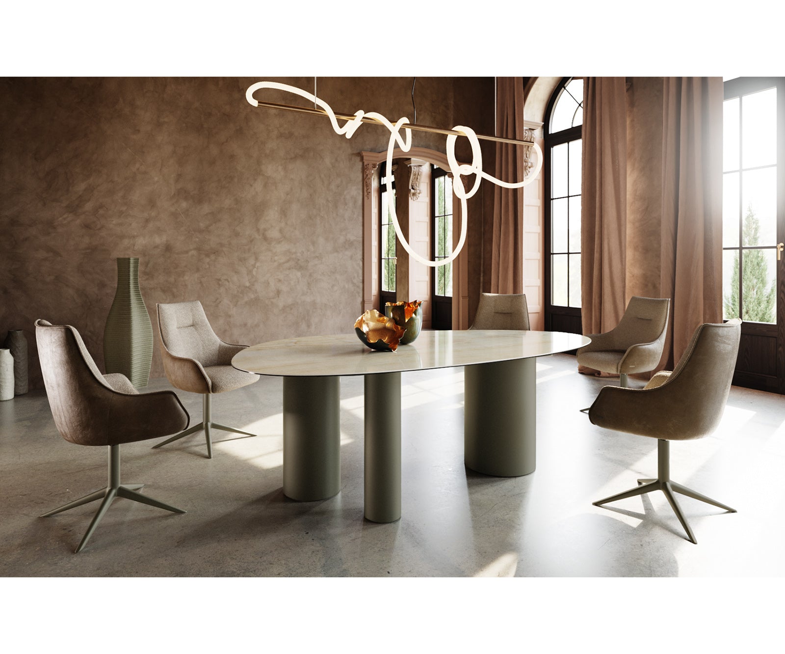 Dining Table Aurora Oval 220cm Ceramic Onice Oro Beige Three Pillars Frame Titanium
