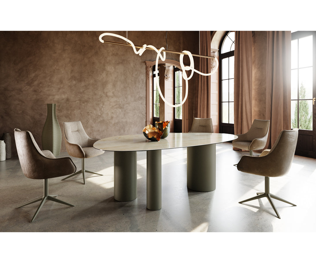 Dining Table Aurora Oval 220cm Ceramic Onice Oro Beige Three Pillars Frame Titanium