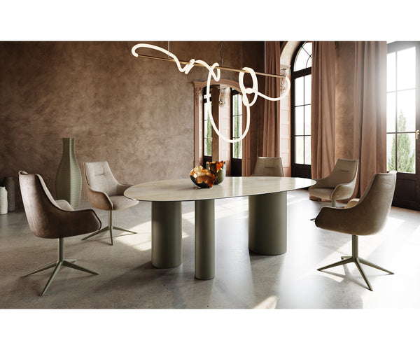 Dining Table Aurora Oval 220cm Ceramic Onice Oro Beige Three Pillars Frame Titanium