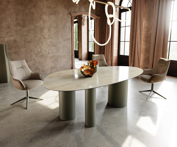 Dining Table Aurora Oval 220cm Ceramic Onice Oro Beige Three Pillars Frame Titanium