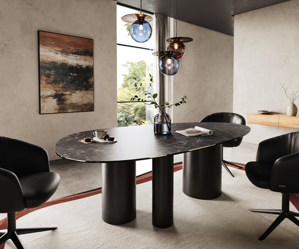 Dining Table Aurora Oval 220cm Ceramic Nero Greco Anthracite Three Pillars Frame Black