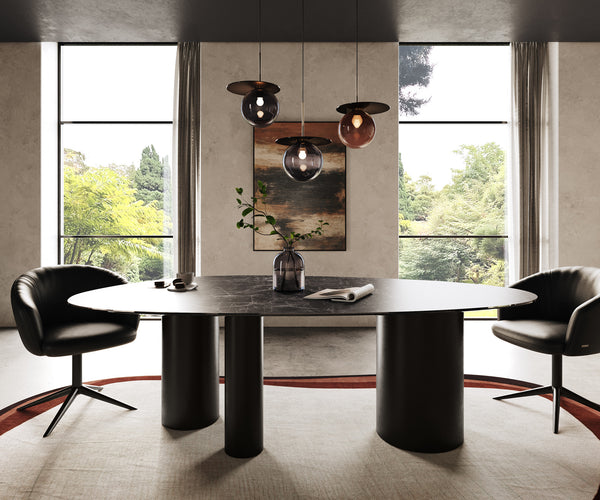 Dining Table Aurora Oval 220cm Ceramic Nero Greco Anthracite Three Pillars Frame Black