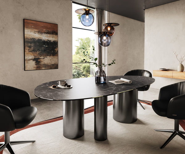 Dining Table Aurora Oval 220cm Ceramic Nero Greco Anthracite Three Pillars Frame Graphite