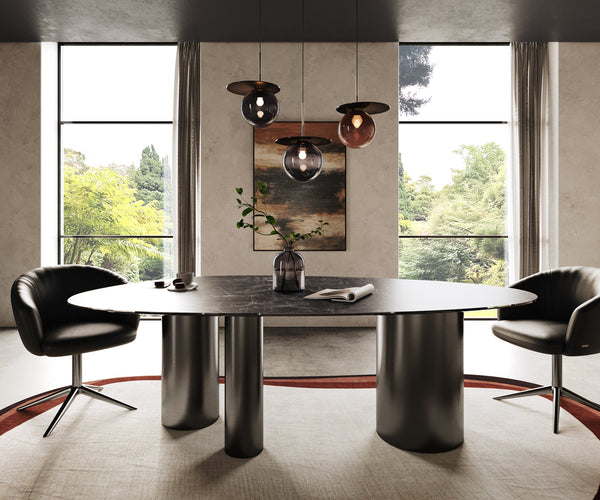Dining Table Aurora Oval 220cm Ceramic Nero Greco Anthracite Three Pillars Frame Graphite