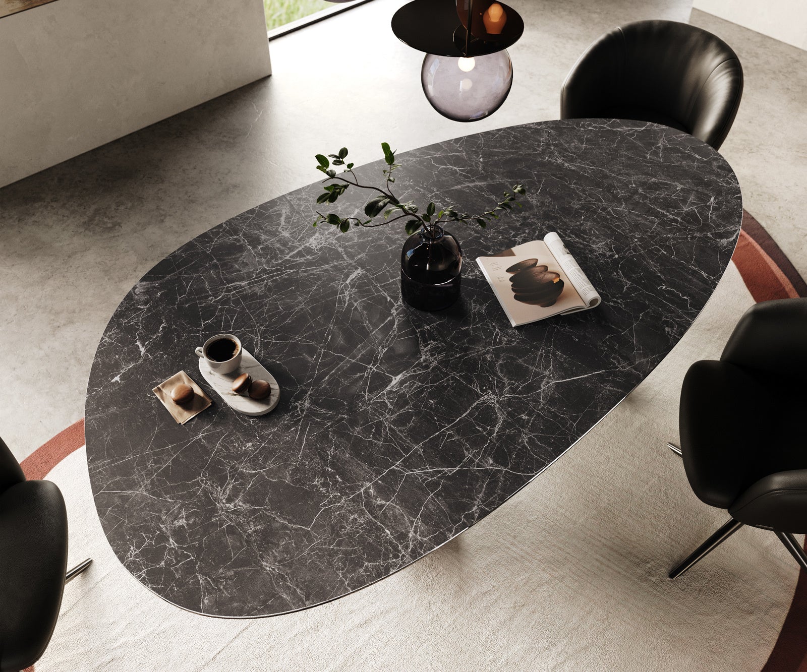 Dining Table Aurora Oval 220cm Ceramic Nero Greco Anthracite Three Pillars Frame Graphite