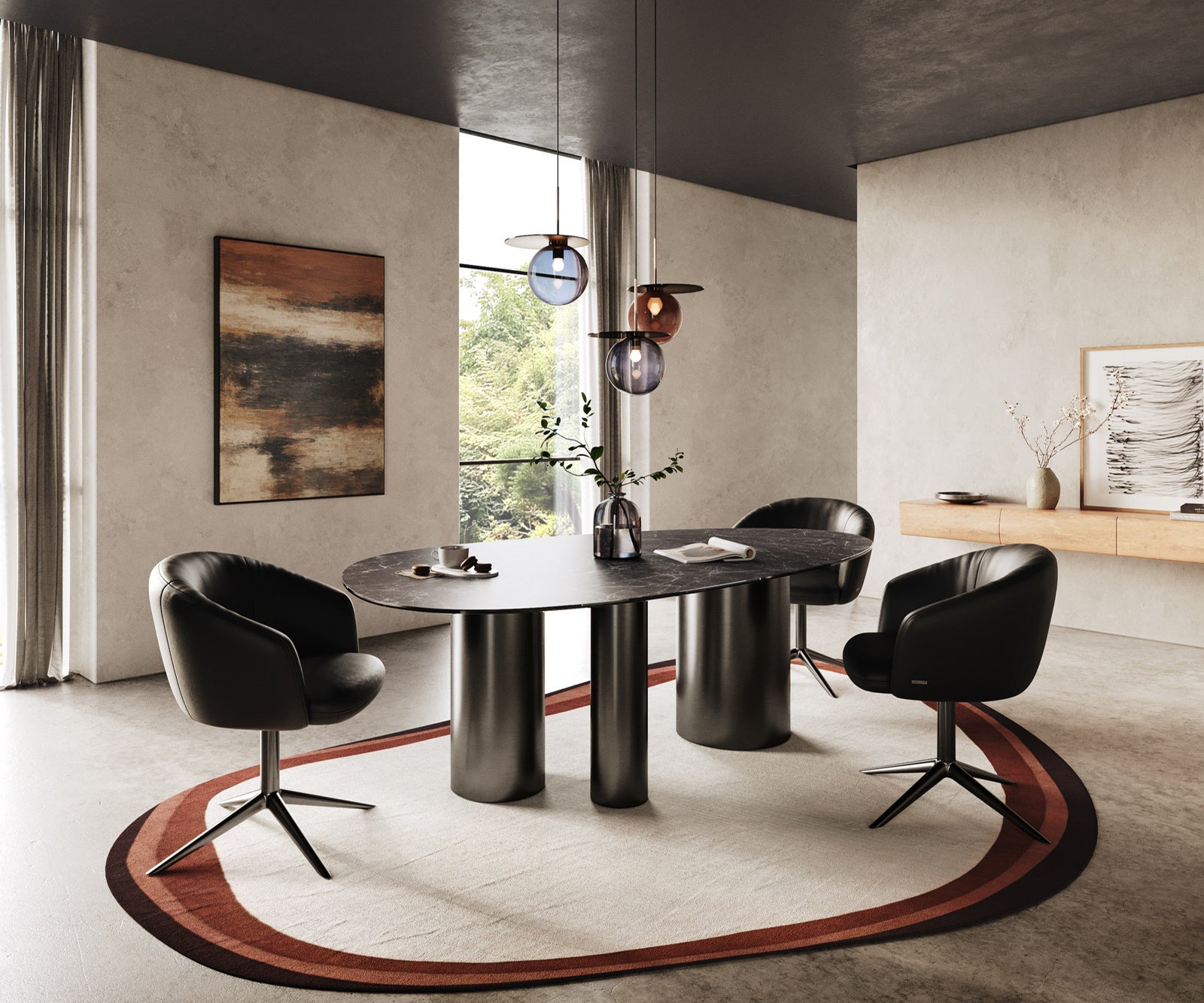 Dining Table Aurora Oval 220cm Ceramic Nero Greco Anthracite Three Pillars Frame Graphite