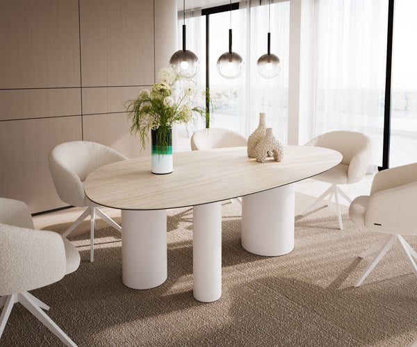 Dining Table Aurora Oval 220x120cm Ceramic Travertine Three Pillars Frame White