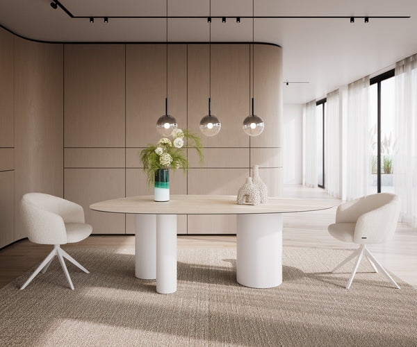 Dining Table Aurora Oval 220x120cm Ceramic Travertine Three Pillars Frame White