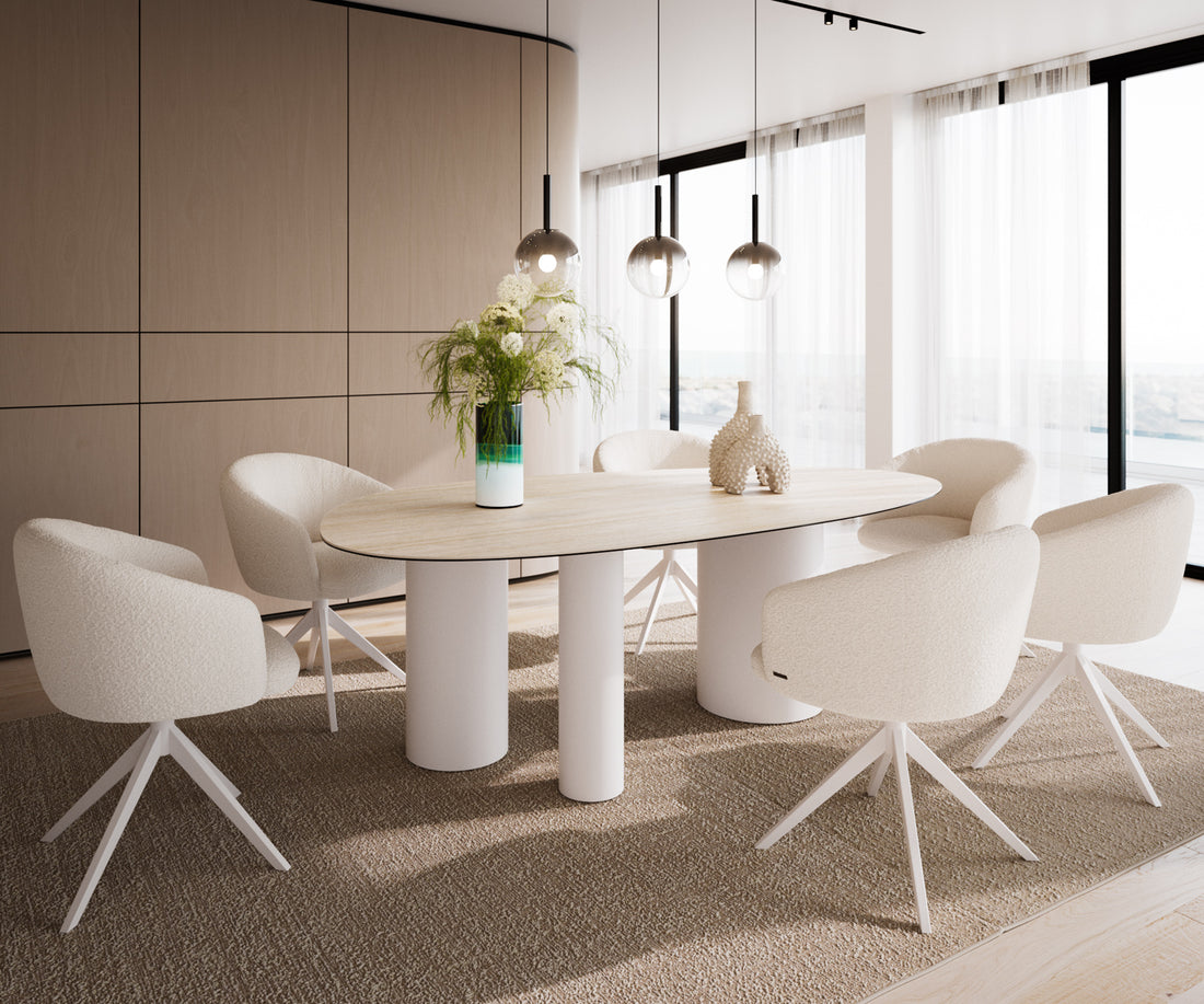 Dining Table Aurora Oval 220x120cm Ceramic Travertine Bianco Travertine Three Pillars Frame White