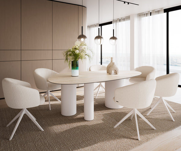 Dining Table Aurora Oval 220x120cm Ceramic Travertine Bianco Travertine Three Pillars Frame White