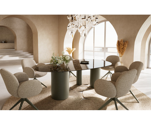Dining Table Aurora Oval 220x120cm Ceramic Dark Brown Three Pillars Frame Titanium
