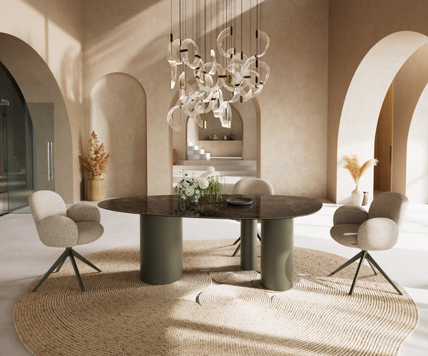 Dining Table Aurora Oval 220x120cm Ceramic Dark Brown Three Pillars Frame Titanium