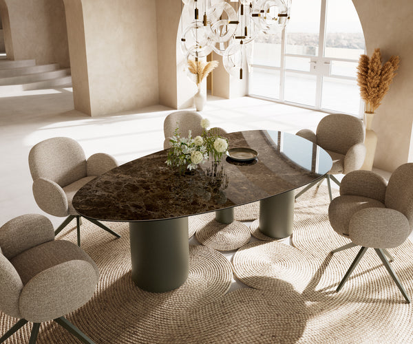 Dining Table Aurora Oval 220x120cm Ceramic Dark Brown Three Pillars Frame Titanium