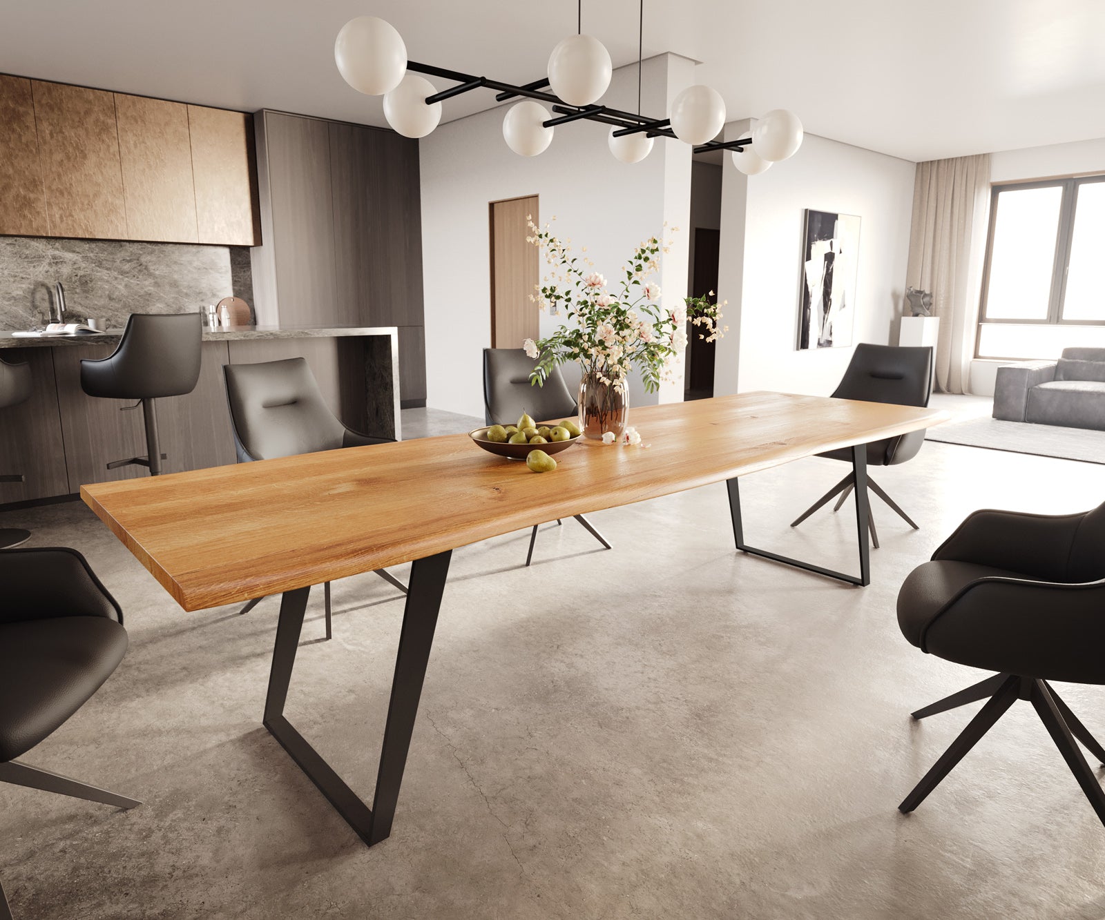 Dining Table Olympus Live-Edge 300x100cm Oak Wood Natural Slanted Frame Black
