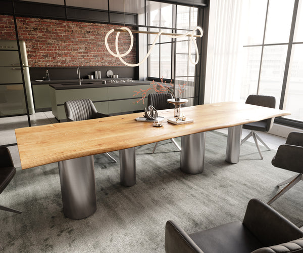 Dining Table Olympus Live-Edge 300x100cm Oak Wood Natural Four Pillars Frame Steel