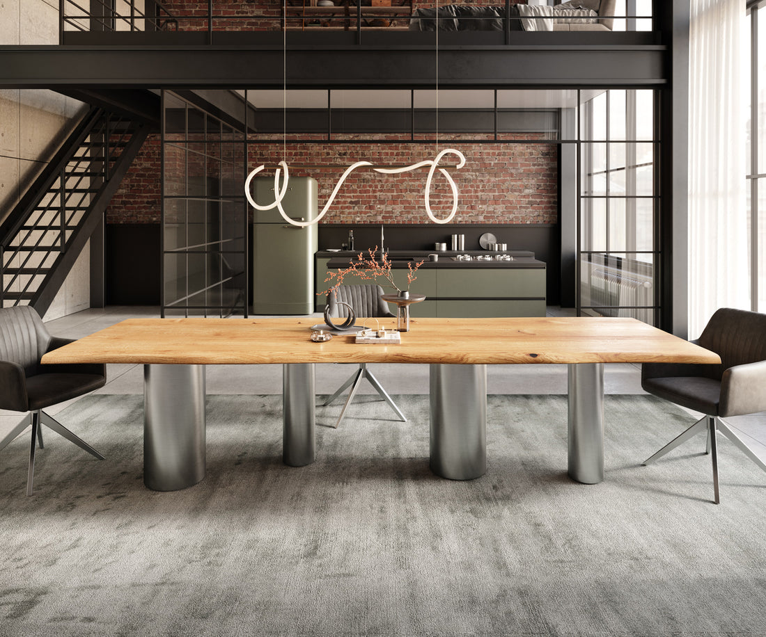 Dining Table Olympus Live-Edge 300x100cm Oak Wood Natural Four Pillars Frame Steel