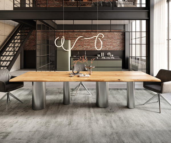 Dining Table Olympus Live-Edge 300x100cm Oak Wood Natural Four Pillars Frame Steel
