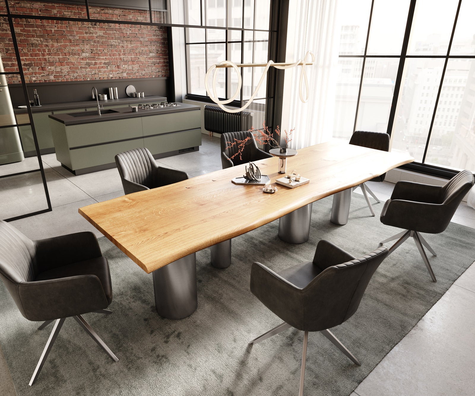 Dining Table Olympus Live-Edge 300x100cm Oak Wood Natural Four Pillars Frame Steel