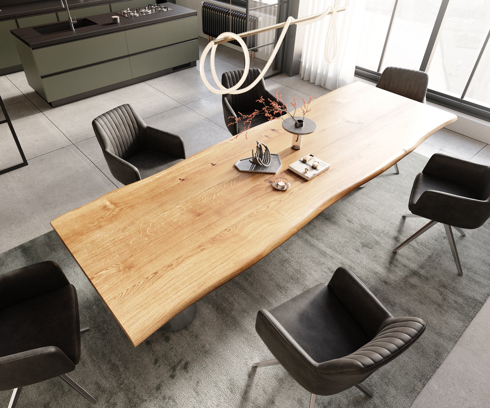 Dining Table Olympus Live-Edge 300x100cm Oak Wood Natural Four Pillars Frame Steel