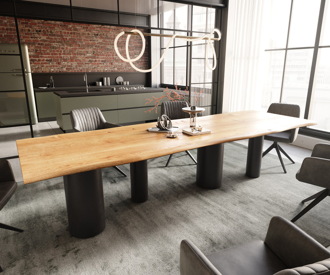 Dining Table Olympus Live-Edge 300x100cm Oak Wood Natural Four Pillars Frame Black