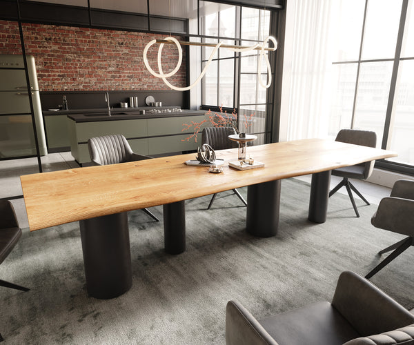 Dining Table Olympus Live-Edge 300x100cm Oak Wood Natural Four Pillars Frame Black