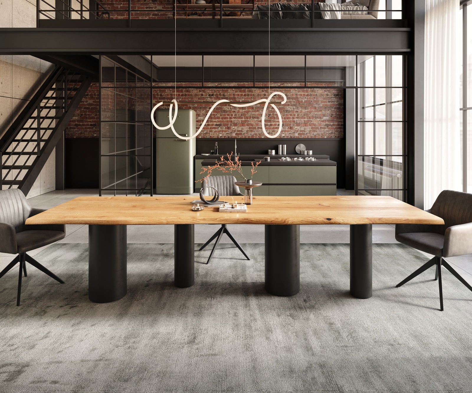 Dining Table Olympus Live-Edge 300x100cm Oak Wood Natural Four Pillars Frame Black