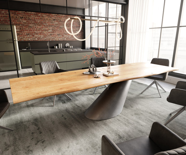Dining Table Olympus Live Edge 300x100cm Oak Wood Natural Cone Frame Silver 40mm Top