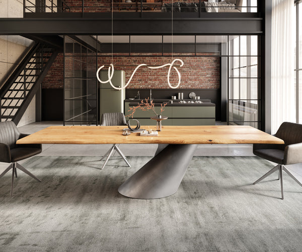 Dining Table Olympus Live Edge 300x100cm Oak Wood Natural Cone Frame Silver 40mm Top