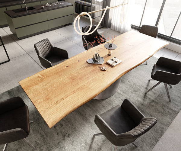Dining Table Olympus Live Edge 300x100cm Oak Wood Natural Cone Frame Silver 40mm Top