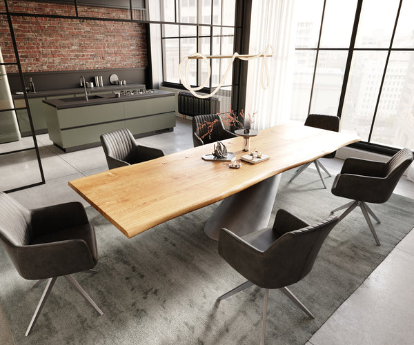 Dining Table Olympus Live Edge 300x100cm Oak Wood Natural Cone Frame Silver 40mm Top