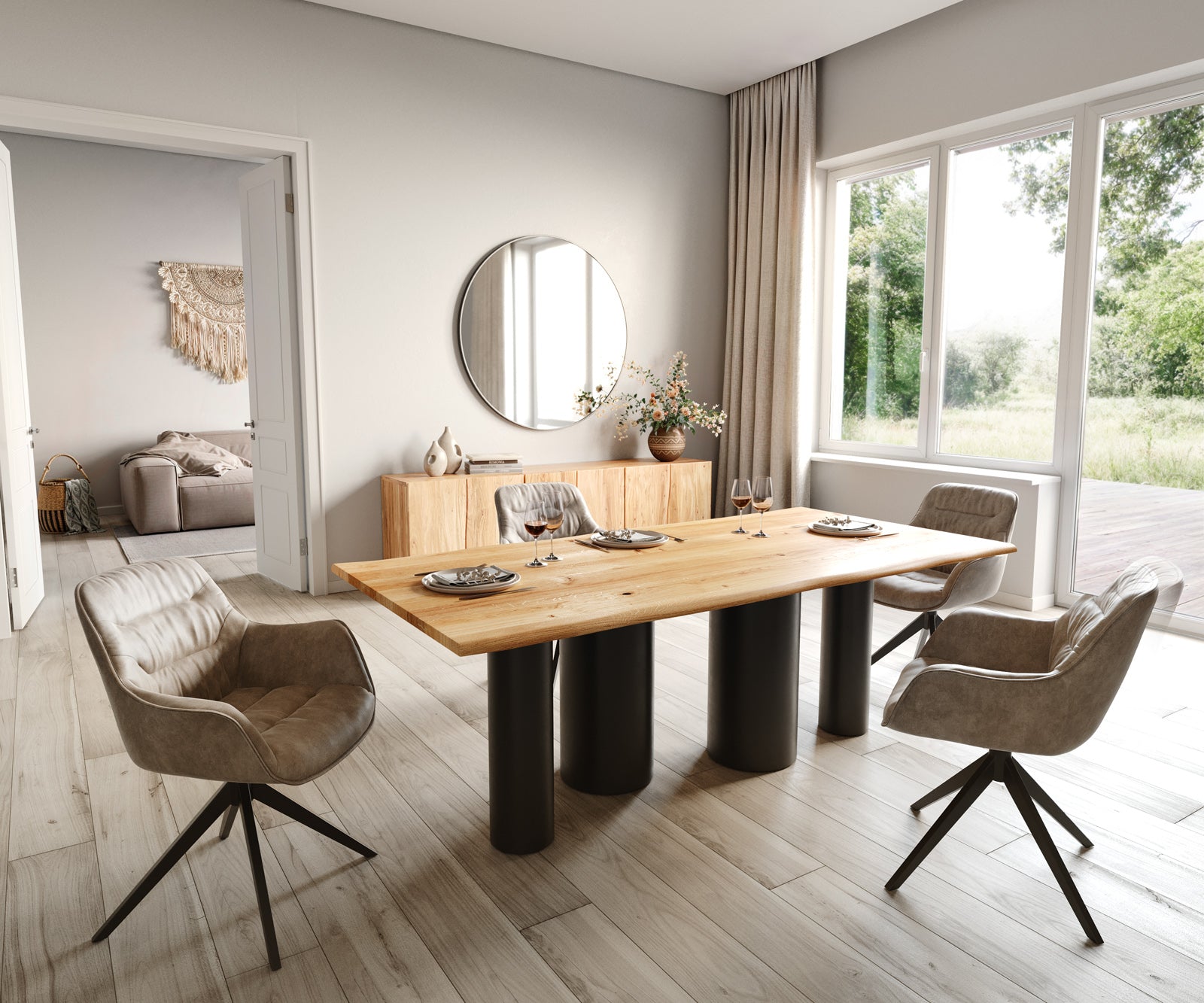 Dining Table Olympus Live-Edge 200x100cm Oak Wood Natural Four Pillars Frame Black