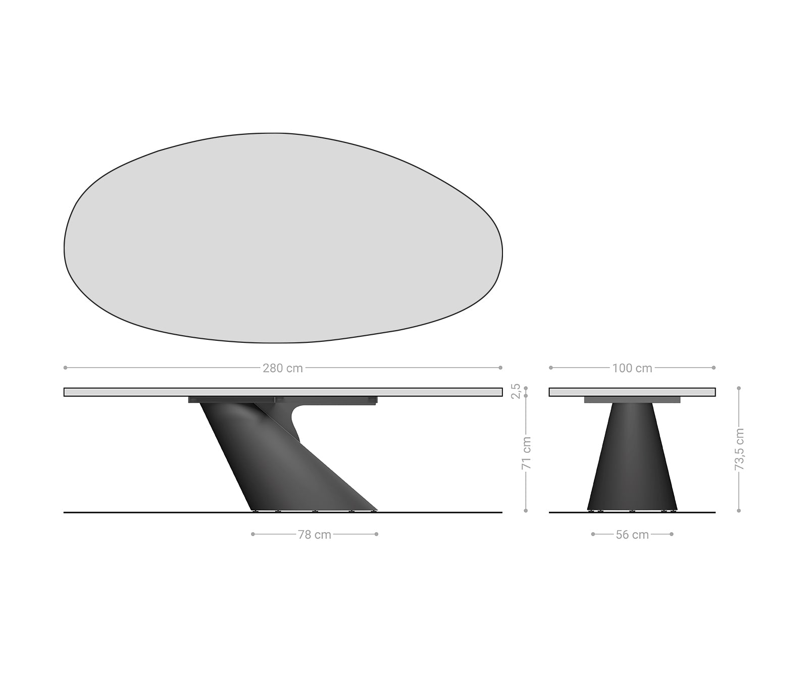 Dining Table Olympus Oval 280x130cm Oak Wood Natural Cone Frame Silver 25mm Top