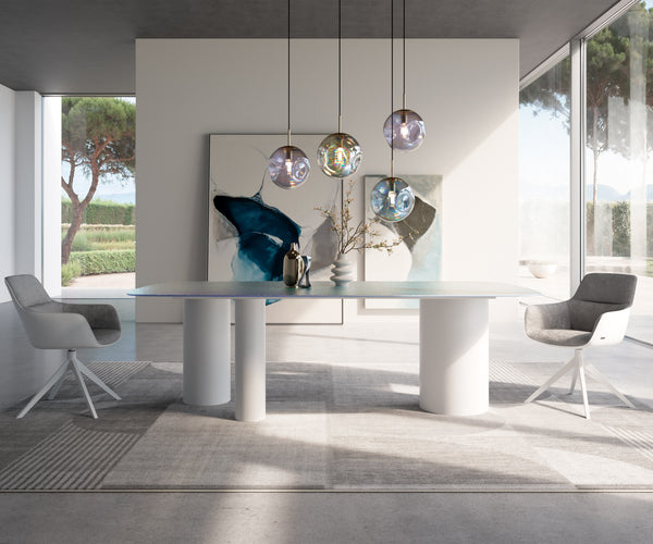 Dining Table Pearl 240x120cm Glass Three Pillars Frame White