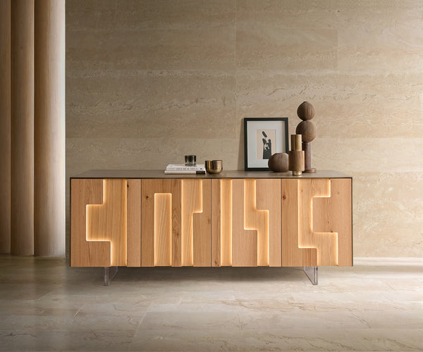 Sideboard Taka 200cm 4 Doors White Oak Veneer Acryl Feet