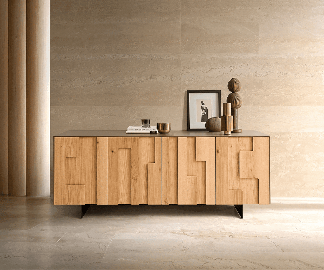 Sideboard Taka 200cm 4 Doors White Oak Veneer Narrow Feet Black