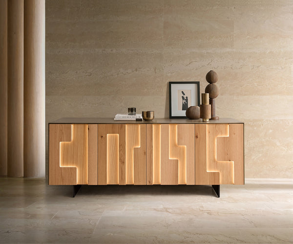 Sideboard Taka 200cm 4 Doors White Oak Veneer Narrow Feet Black