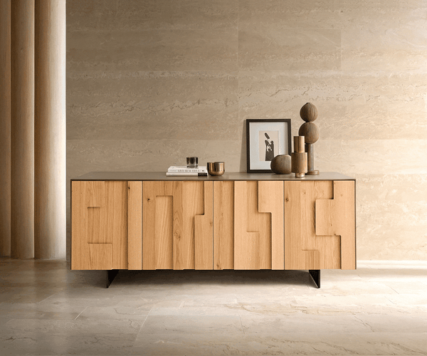 Sideboard Taka 200cm 4 Doors White Oak Veneer Narrow Feet Black