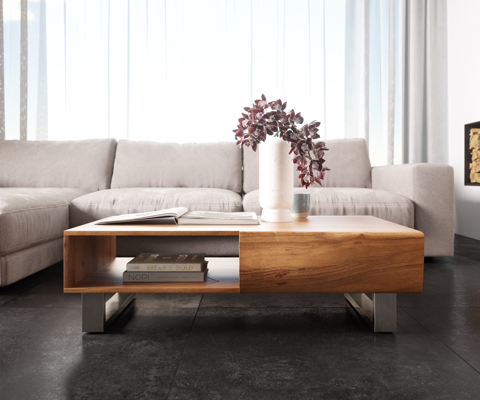 Coffee Table New Live-Edge 115cm 2 Drawers 1 Compartment Acacia Wood Natural Square Feet Silver