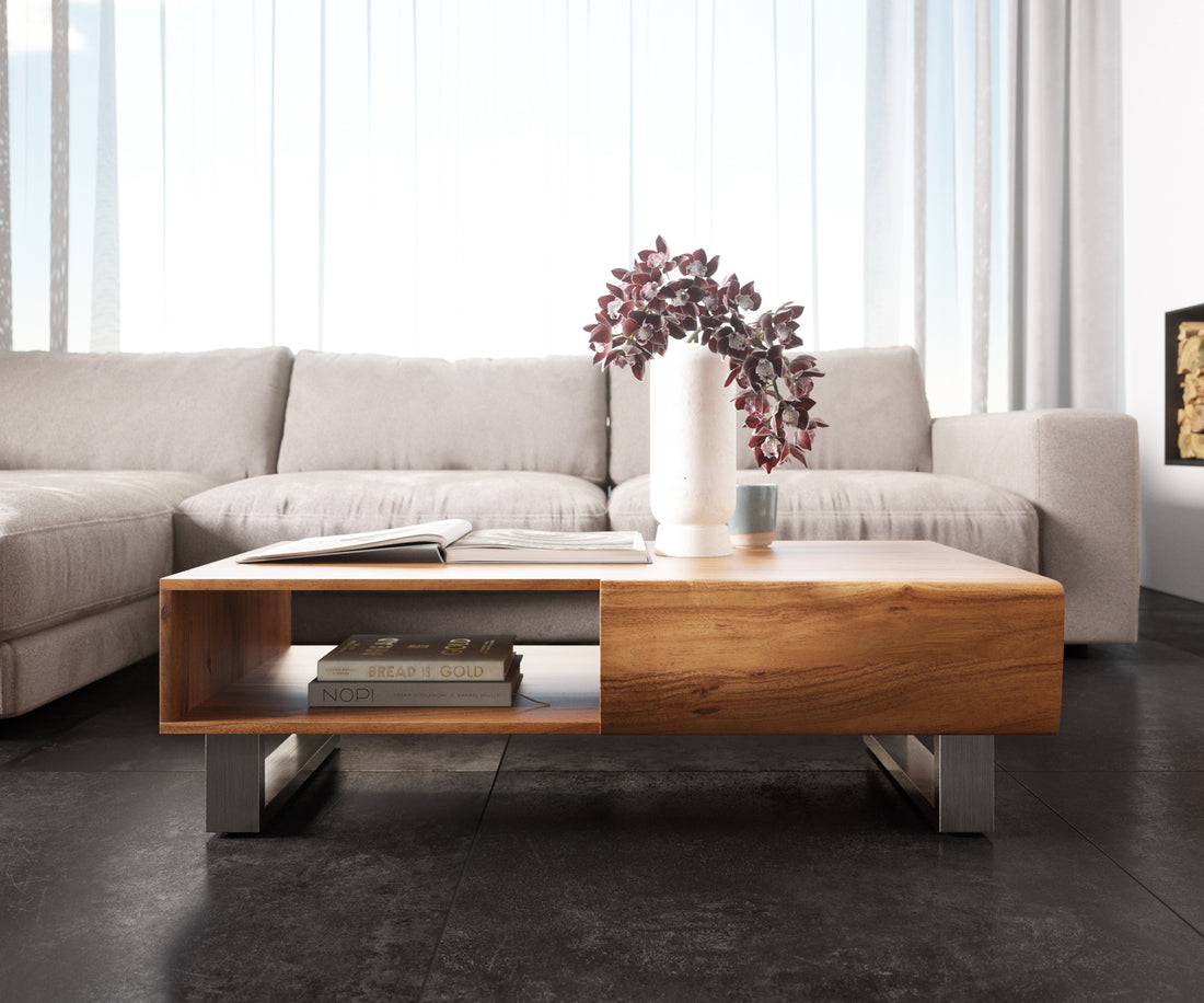 Coffee Table New Live-Edge 115cm 2 Drawers 1 Compartment Acacia Wood Natural Square Feet Silver